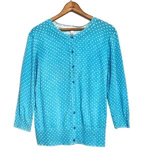 Cherokee Blue White Polka Dot Button Front Cardigan Sweater Ribbed 3/4 Sleeve XL
